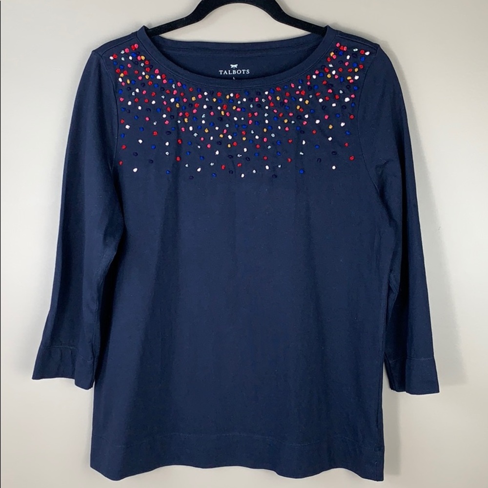 Talbots navy Pom Pom 3/4 sleeve shirt L